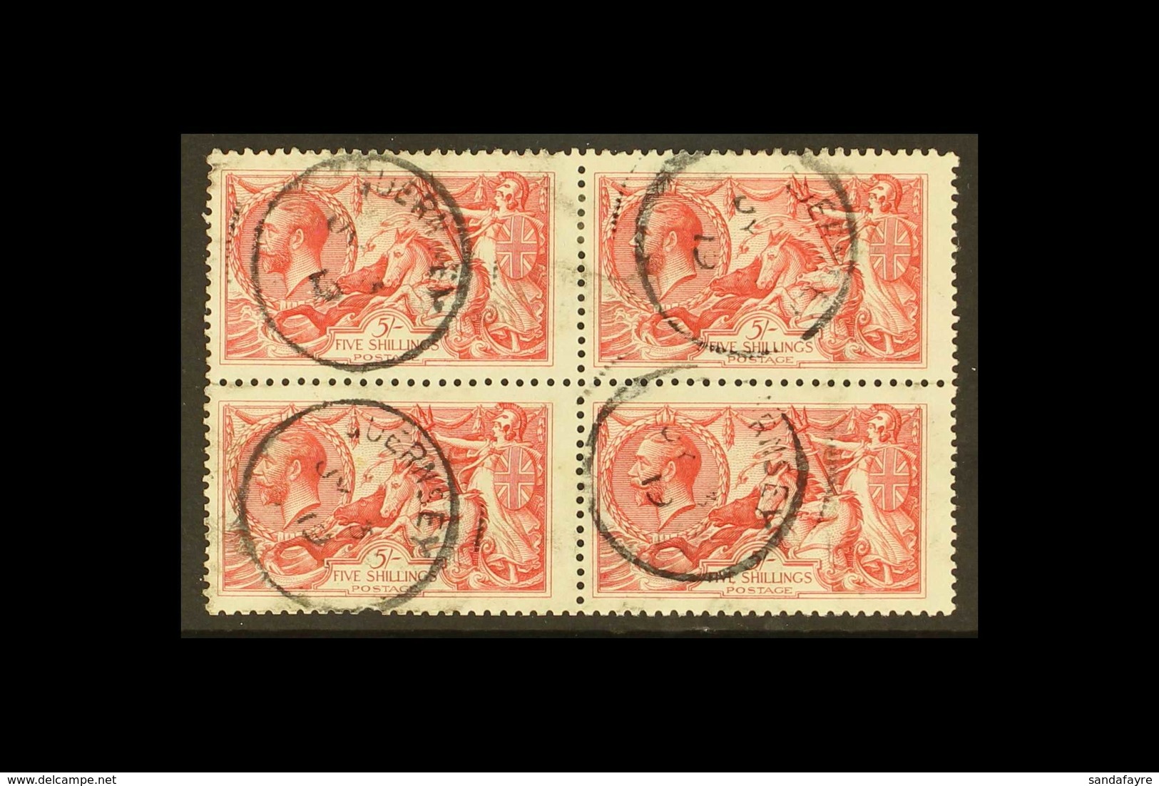 1918-19 5S SEAHORSE MULTIPLE. 5s Rose-red Seahorse, Bradbury Printing, SG 416, Good Used BLOCK OF FOUR With Guernsey, Ju - Ohne Zuordnung