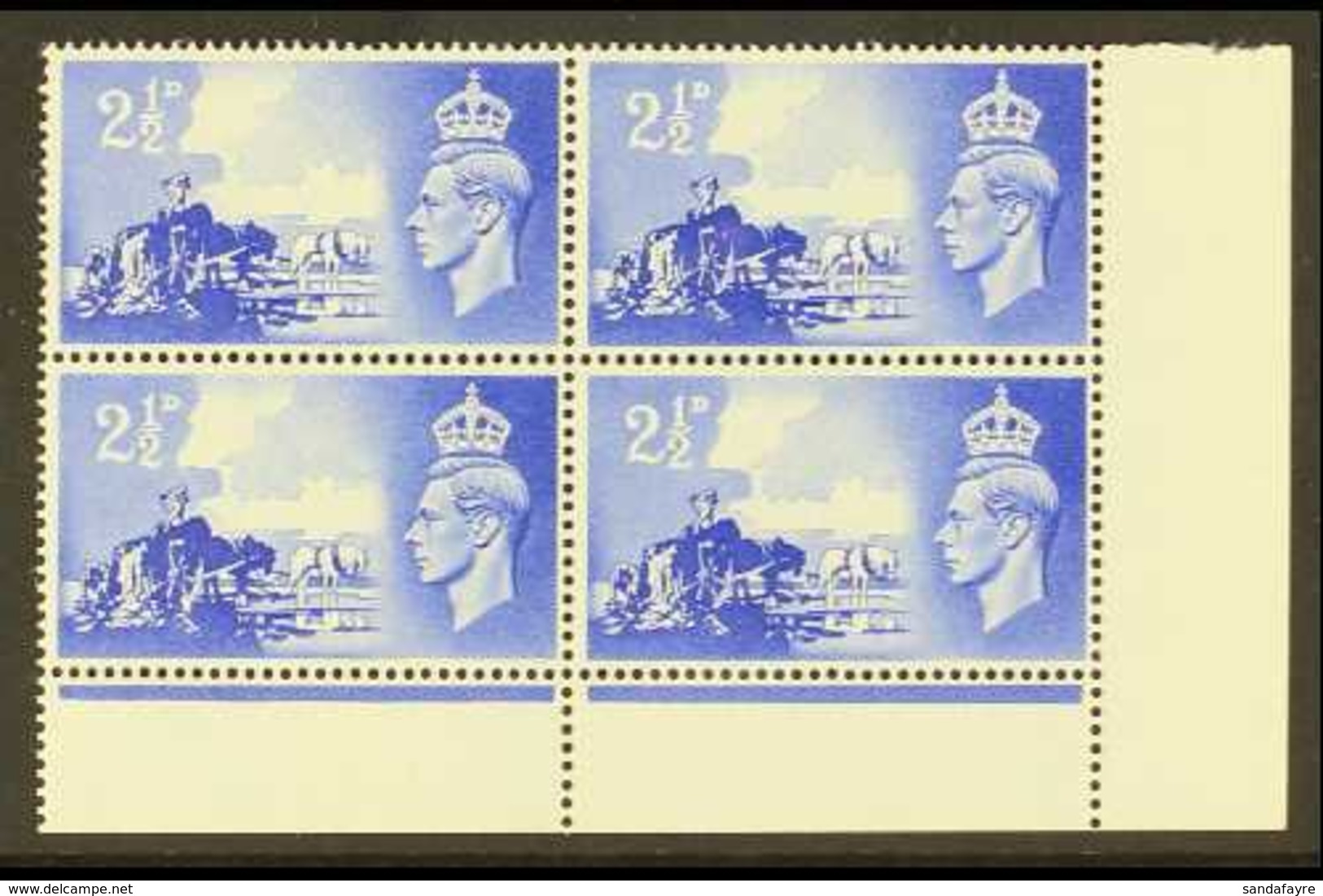 CHANNEL ISLANDS 1948 2½d Ultramarine, BROKEN WHEEL VARIETY Ex R20/5, In A Corner Marginal Block Of 4, SG C2a,  Never Hin - Other & Unclassified