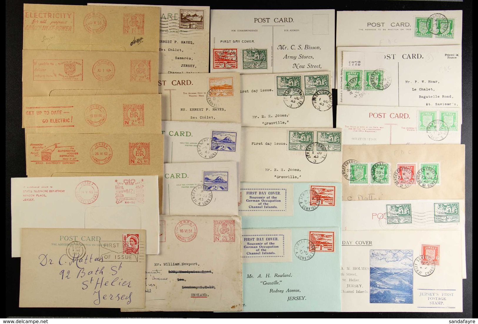 JERSEY 1941-60's An Attractive Range Of Covers And Cards Incl. 1941-42 Arms ½d Pairs On First Day Cards (3), Envelope Be - Autres & Non Classés