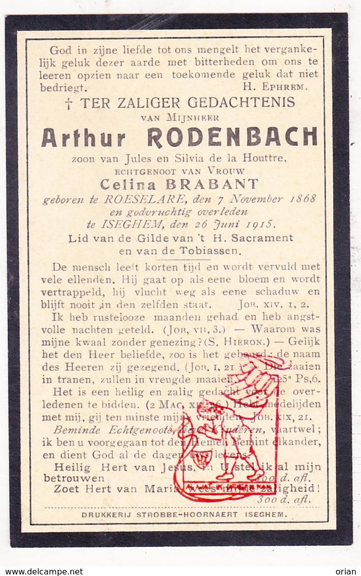 DP Arthur Rodenbach / De La Houttre ° Roeselare 1868 † Izegem 1915 X Celina Brabant / Doornik - Images Religieuses