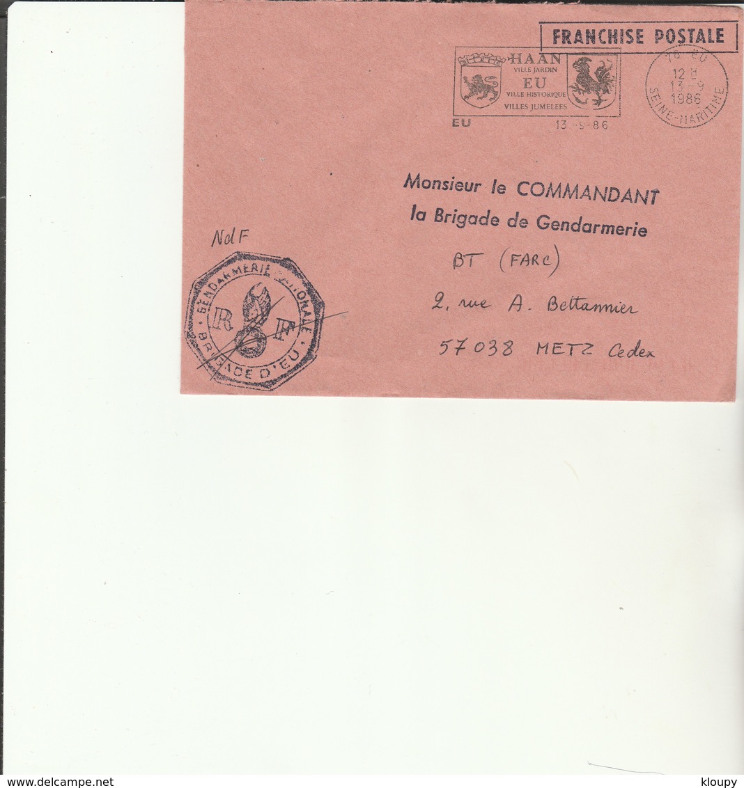 L1 -  Enveloppe Gendarmerie D ' EU   - Cachet Flamme EU - Coq - Lion - HAAN - Military Postmarks From 1900 (out Of Wars Periods)