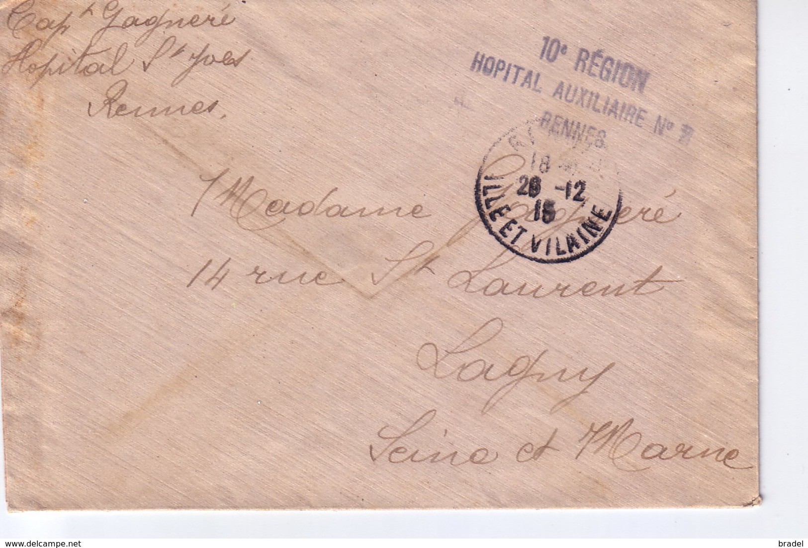 Cachet  10 Region Hopital Auxiliaire N° 2 Rennes - Guerre De 1914-18