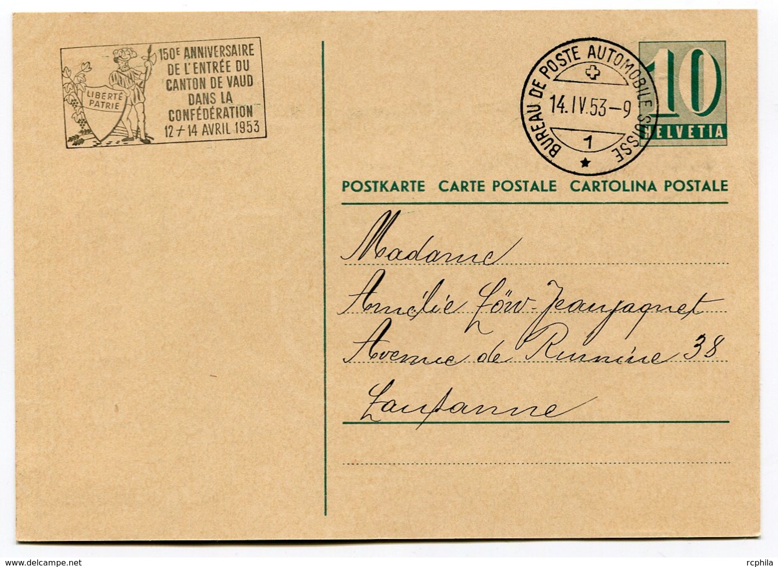 RC 10412 SUISSE 1953 ENTIER POSTAL POSTE AUTOMOBILE + FLAMME ENTRÉE DU CANTON DE VAUD DANS LA CONFÉDÉRATION TB - Postmark Collection