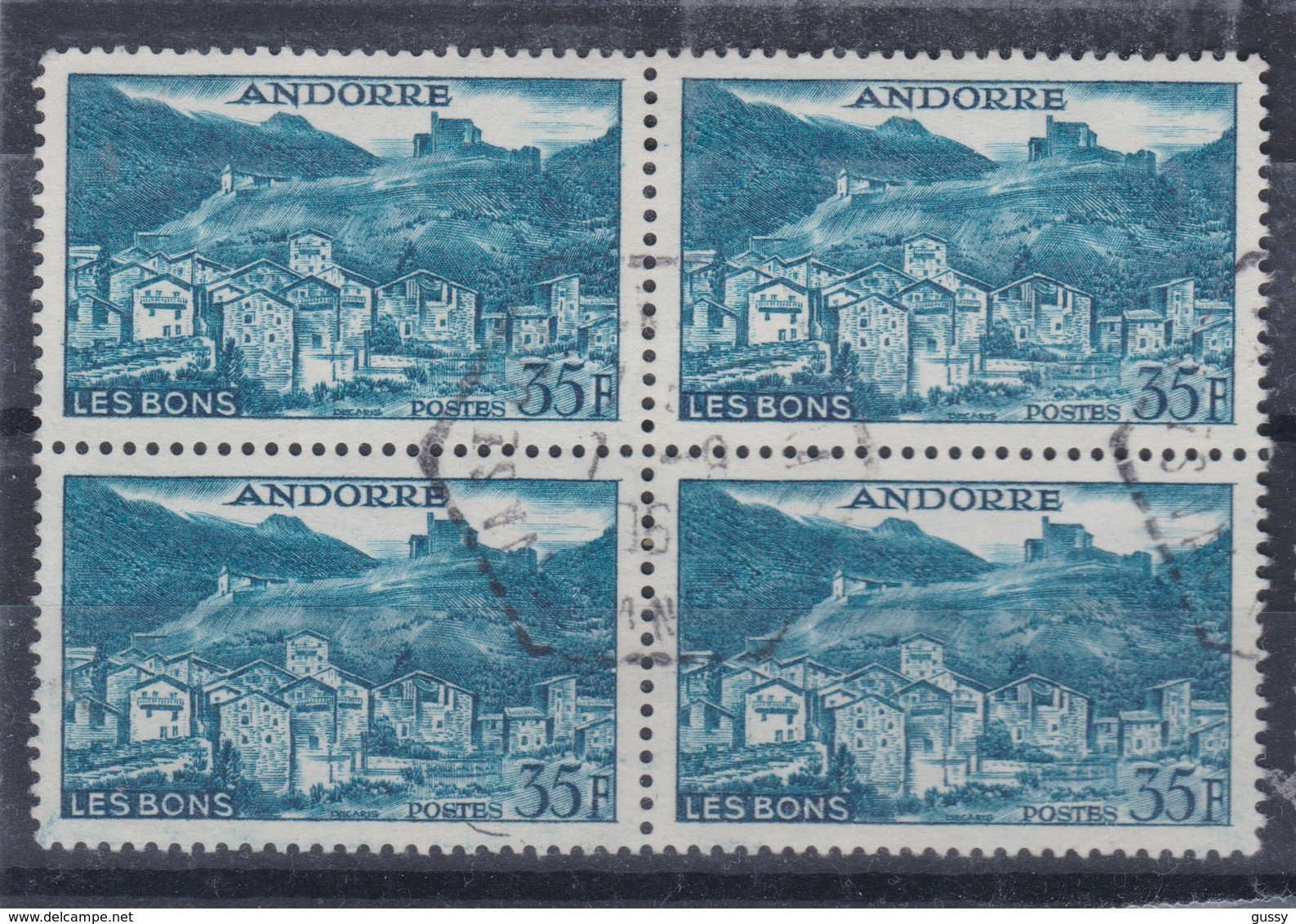 ANDORRE FRANCAIS 1955:  Le  35f Bleu Vif En Bloc De 4,  Oblitérés, TTB - Used Stamps