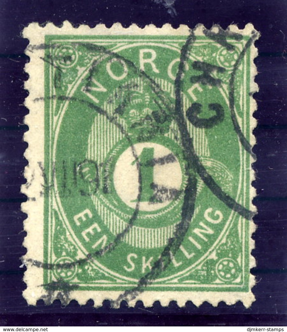 NORWAY 1875 Posthorn 1 Sk. Green Used. Michel 16c - Used Stamps