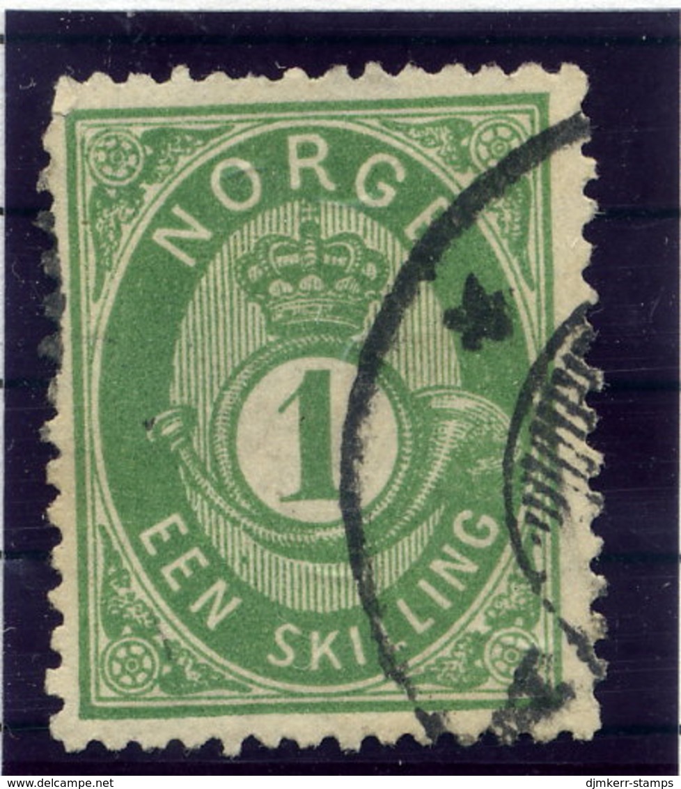 NORWAY 1875 Posthorn 1 Sk. Blue-green Used. Michel 16b - Gebruikt
