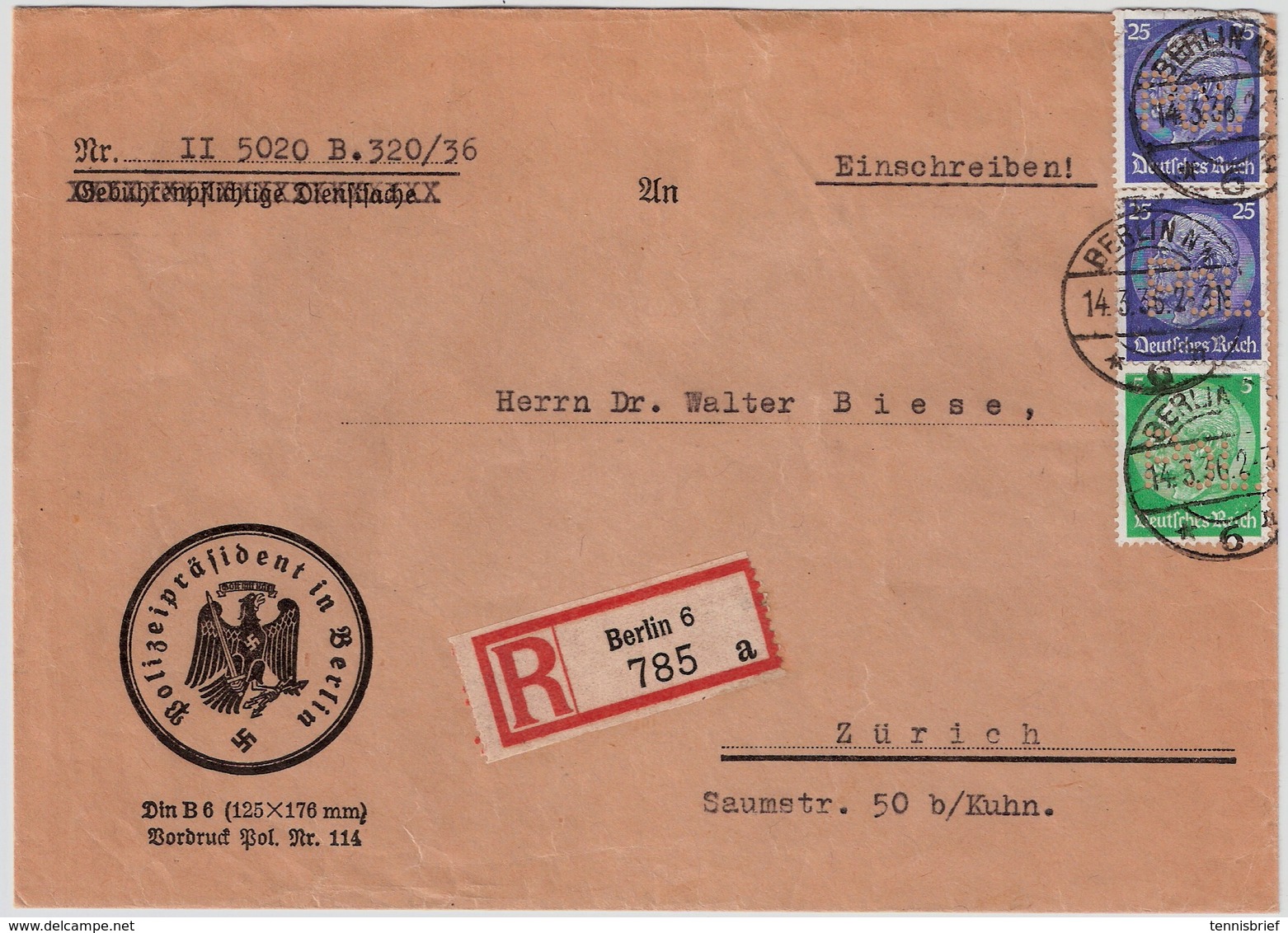 1936, Pol-Lochung " Berlin " Ins Ausland R! , #a1369 - Officials