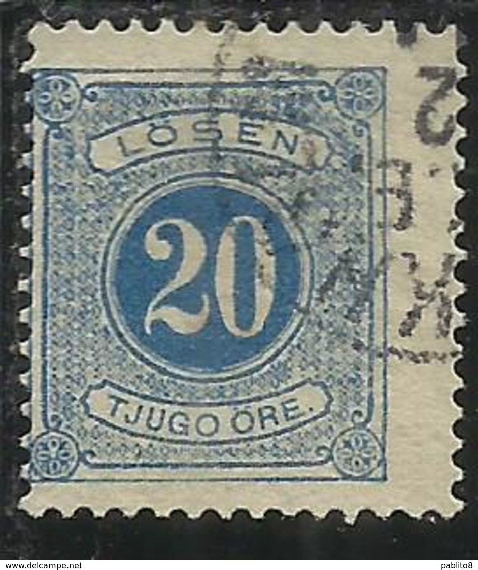 SWEDEN SVERIGE SVEZIA SUEDE 1877 1886 POSTAGE DUE STAMPS SEGNATASSE TASSE TAXE ORE 20o TJUGO LOSEN USATO USED OBLITERE' - Impuestos