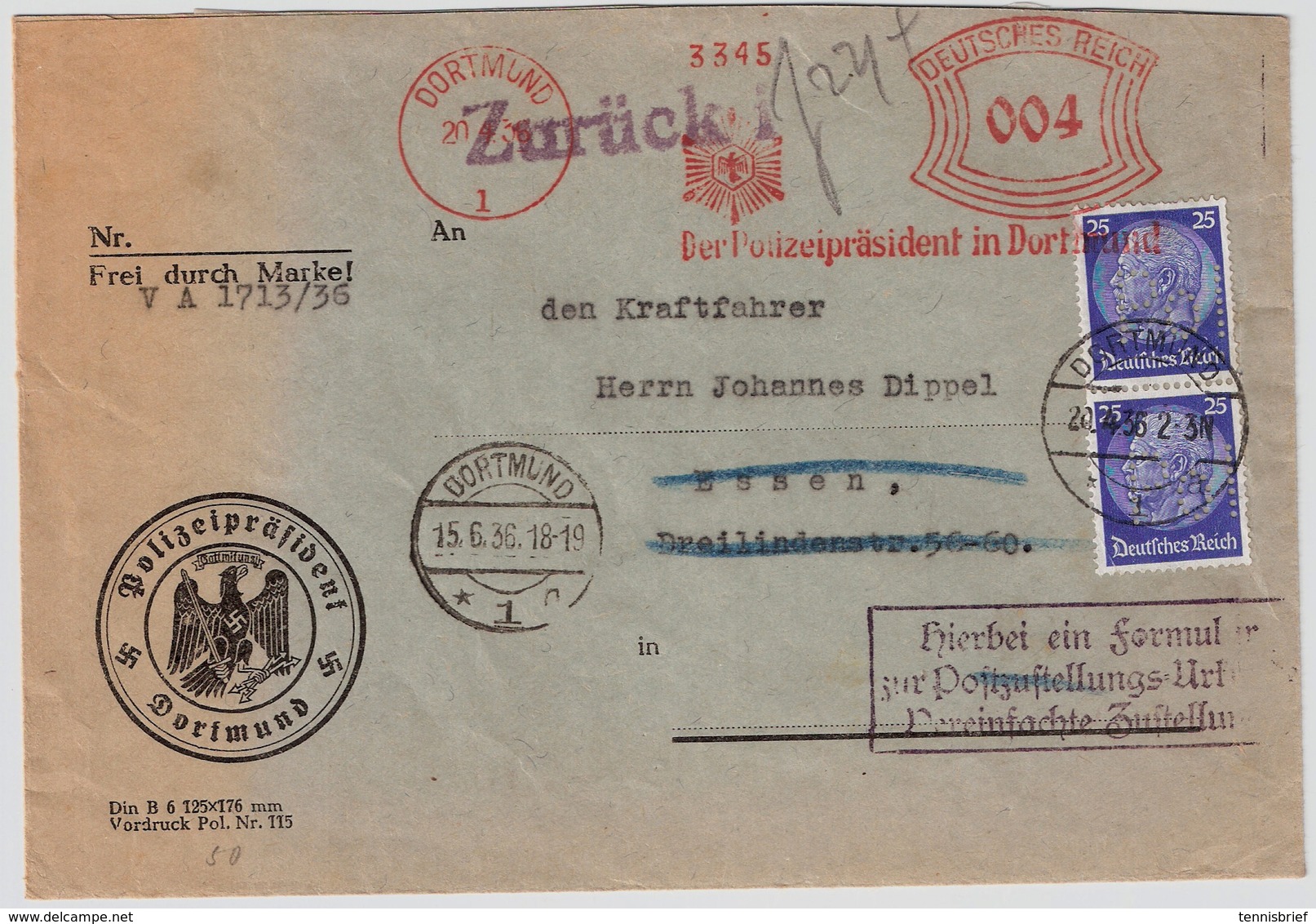 1936, Pol-Lochung " Dortmund " Zustellurkunde, #a1370 - Dienstmarken