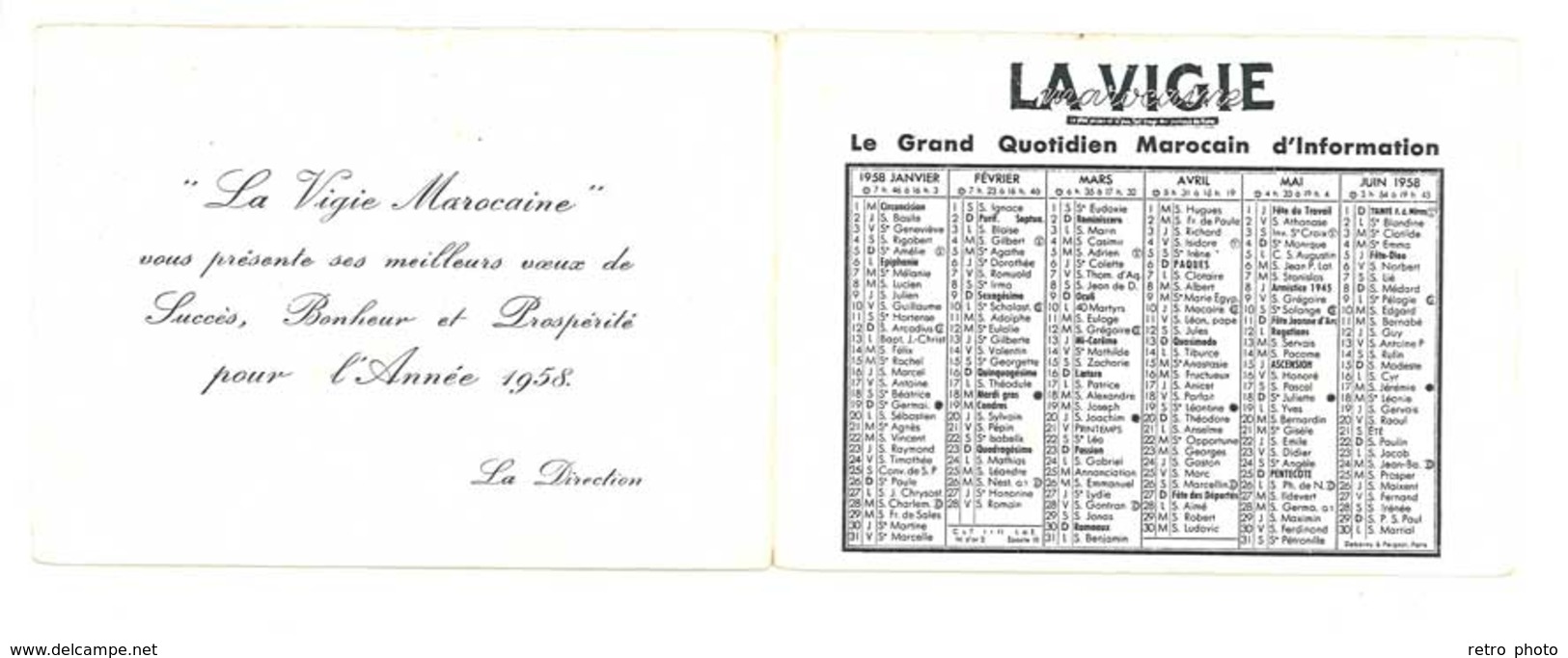 Calendrier Dépliant 1958, La Vigie Marocaine, Le Grand Quotidien Marocain ( Citroën 2 CV Fourgon ) - Petit Format : 1941-60