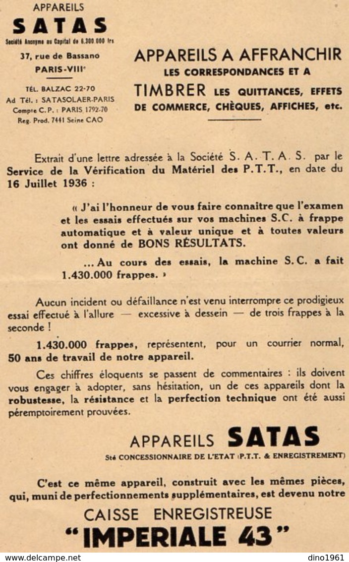 VP13.381 - Pub - PARIS - Lot Documents Publicitaire Appareils A Affranchir S.A.T.A.S. ¨ IMPERIALE 43 ¨ - Publicités