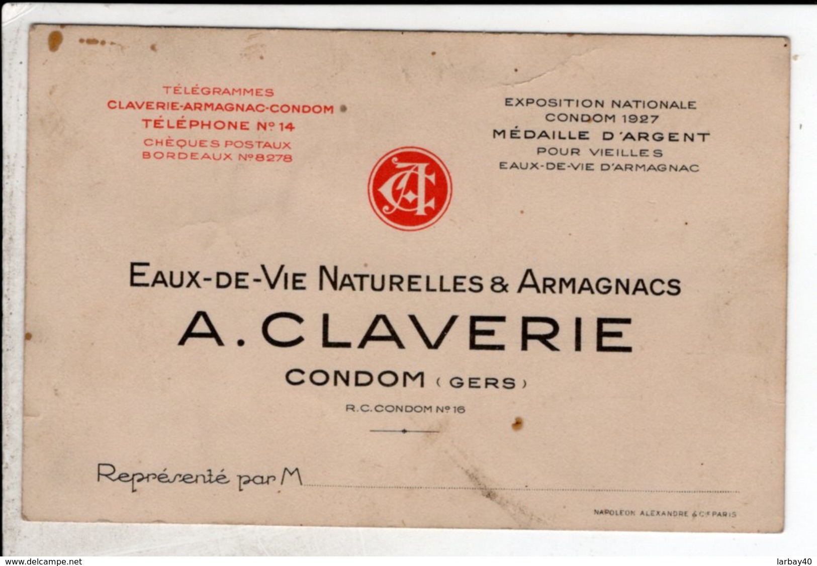 Carte De Visite Eaux De Vie Armagnacs Claverie Condom - Cartoncini Da Visita