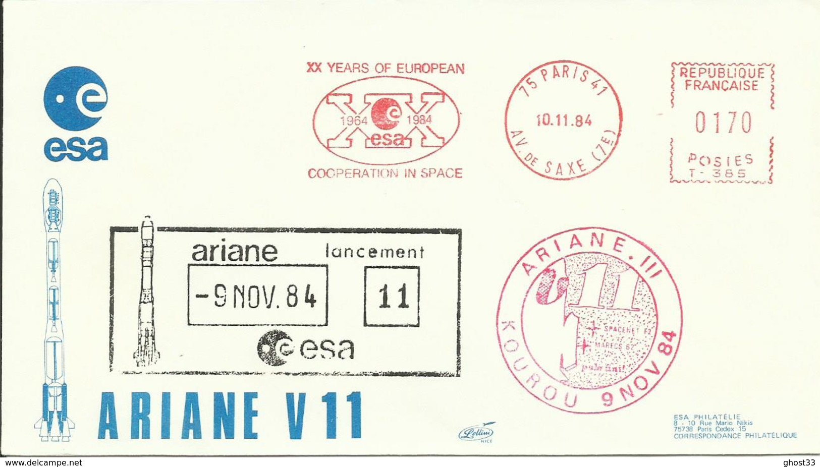 ESPACE - Lancement Fusée ARIANE V11 - 09/11/1984 - Enveloppe Club Philatélique ESA - CENTRE SPATIAL GUYANAIS - KOUROU - Europa