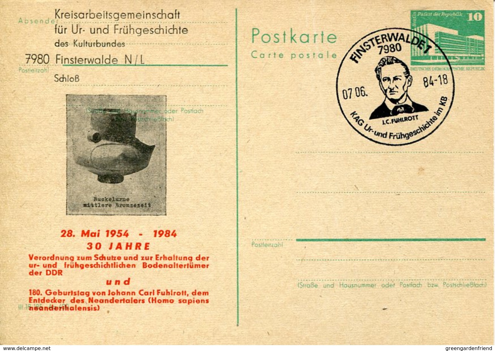 40128 Germany Ddr,stationery Card + Postmark 1984 Finsterwalde,showing Johann Carl Fuhlrott,neandertal Discovery - Préhistoire