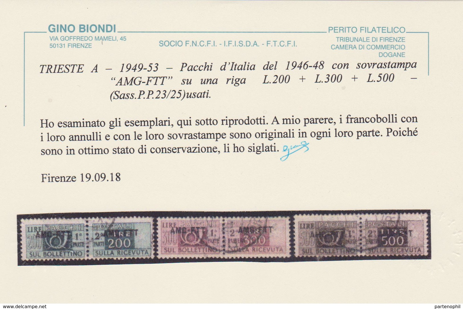 Trieste - 278  Pacchi Postali 1946-7 – Soprastampati N. 23/25. Cert. Biondi. Cat. € 525,00. SPL - Postal And Consigned Parcels