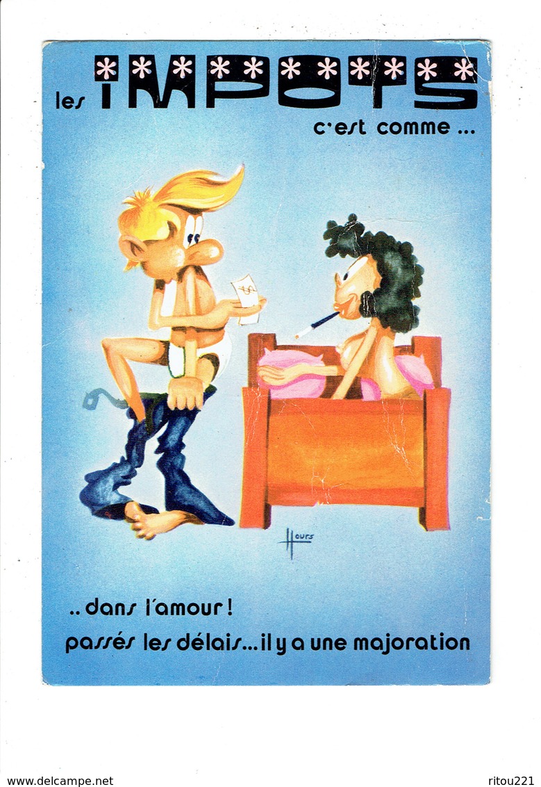 Cpm - Illustration HOURS - LES IMPÔTS C'est Comme - Femme Nue Seins Nus Prostituée FUME PORTE CIGARETTE Homme Nu - Humour