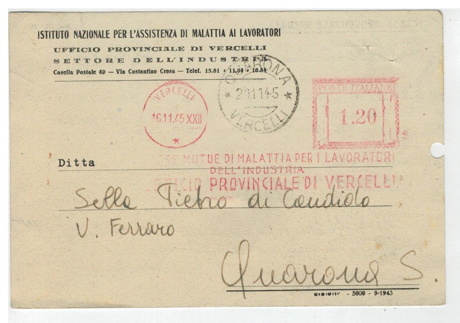 Cartolina Vercelli - INAM Sede Provinciale - Settore Dell'industria - 1945 - Vercelli