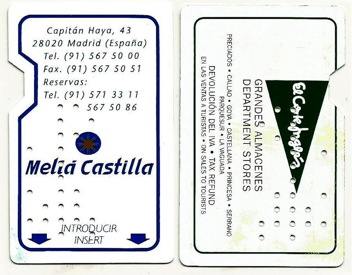 Spanien / Spain Hotelkarte / Keycard  Vom Melia Hotel Castilla In Madrid - Hotelkarten