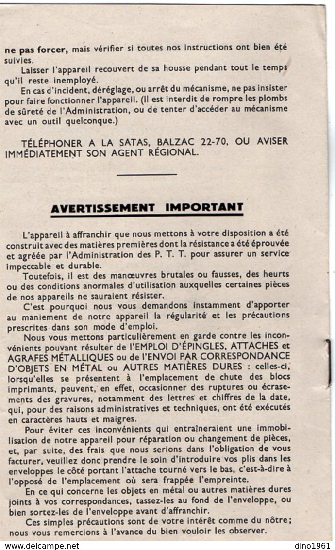 VP13.389 - EMA - Livret Pubicitaire De La Société Pour L'Affranchissement Et Le Timbrage Automatique S.A.T.A.S. à Paris - Publicités