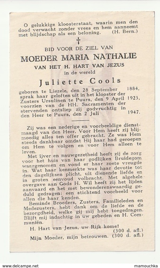 Doodsprentje Moeder Maria Nathalie (Cools) Liezele 1884 Klooster Zusters Ursulinen Puurs 1947 Imalit Maredret 555 A - Images Religieuses