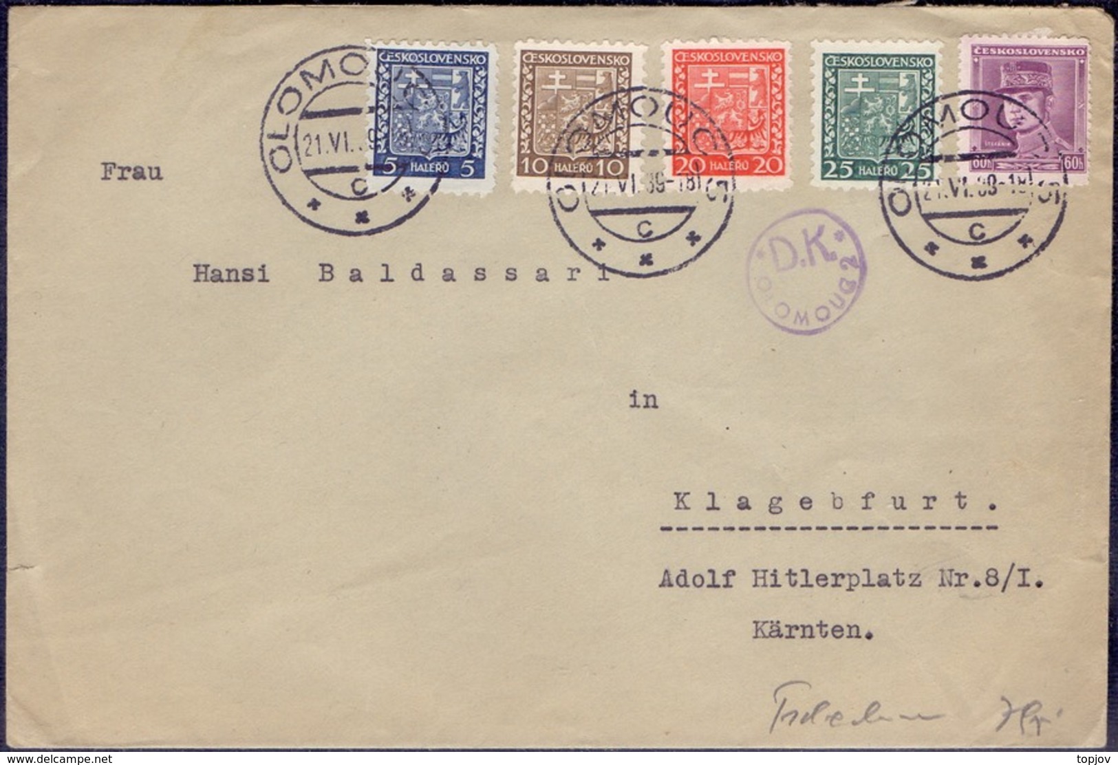 CZECHOSLOVAKIA - OLMOC 5 To KLAGENFURT Hitler Platz + Cenzur  Olmoc 2 D.K. - 1939 - Covers & Documents