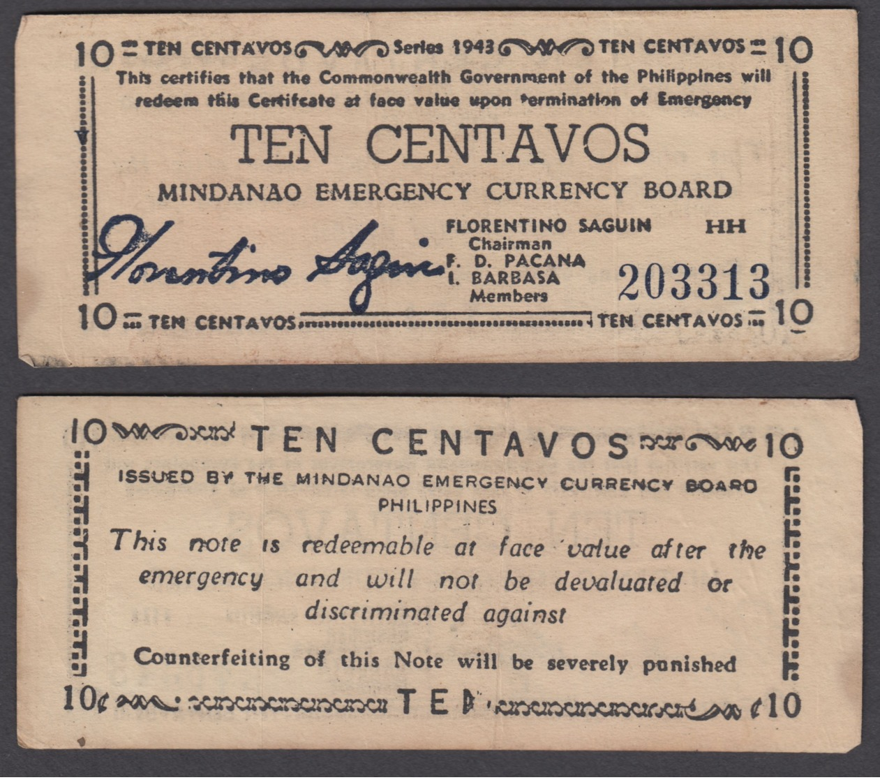 Philippines 10 Centavos 1943 (VF) Condition Banknote KM #S502 - Philippines