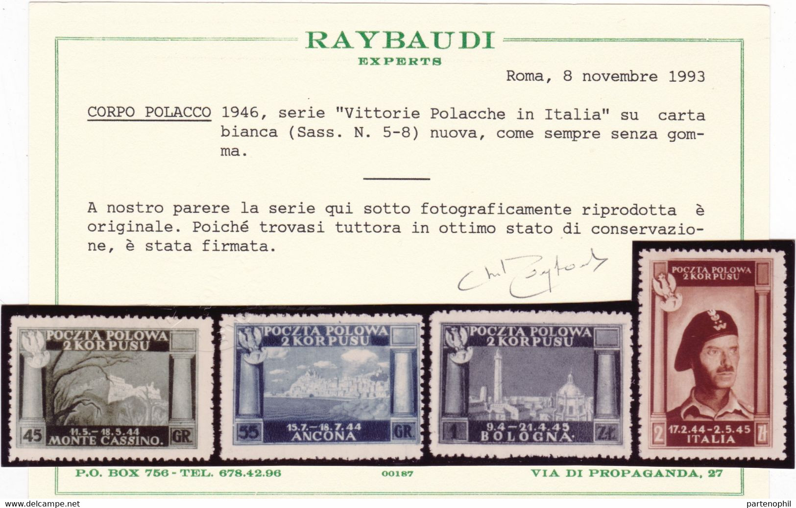 289 ** Corpo Polacco 1946 – Vittorie Polacche In Italia N. 5/8. Cert. Raybaudi. Cat. € 650,00. SPL - 1946-47 Zeitraum Corpo Polacco