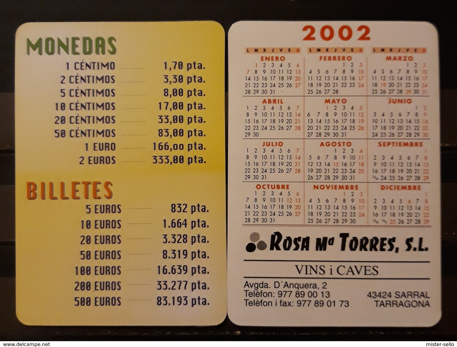 2002. CALENDARIO CONVERSORES EUROS - PESETAS. VINOS Y CAVAS - Tamaño Pequeño : 2001-...