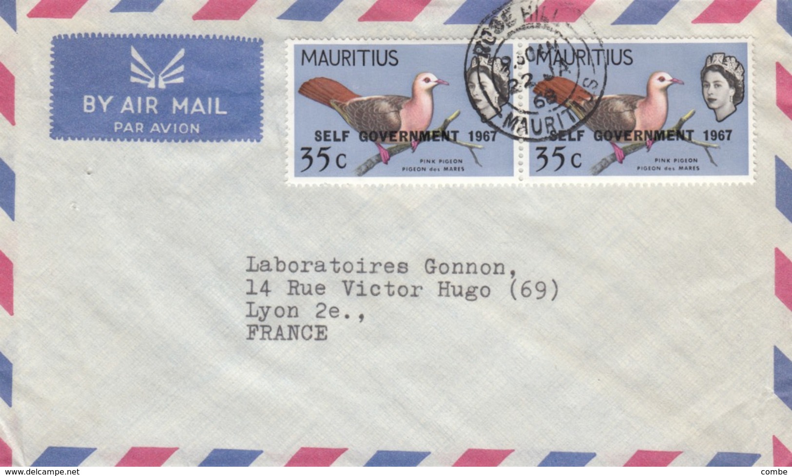 COVER MAURITUS. 1968. BIRD. ROSE HILL. SELF GOVRNMENT. TO FRANCE - Maurice (1968-...)