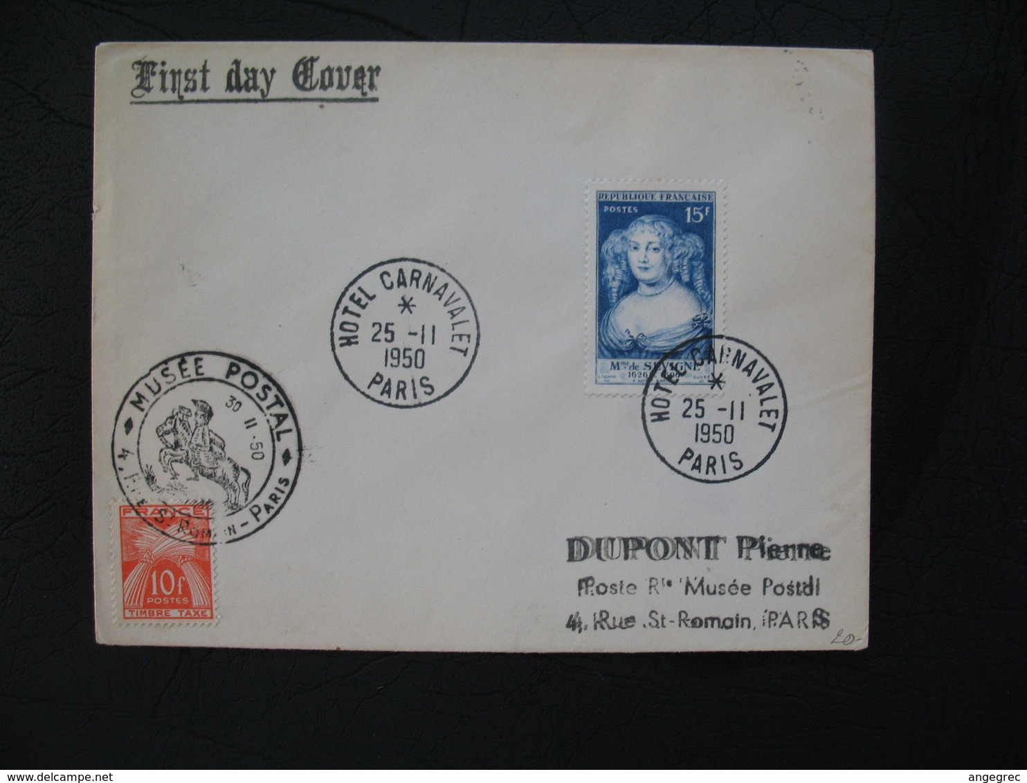 FDC  1950  N° 874 Madame De Sévigné Avec  Timbre Taxe  à Voir - 1950-1959