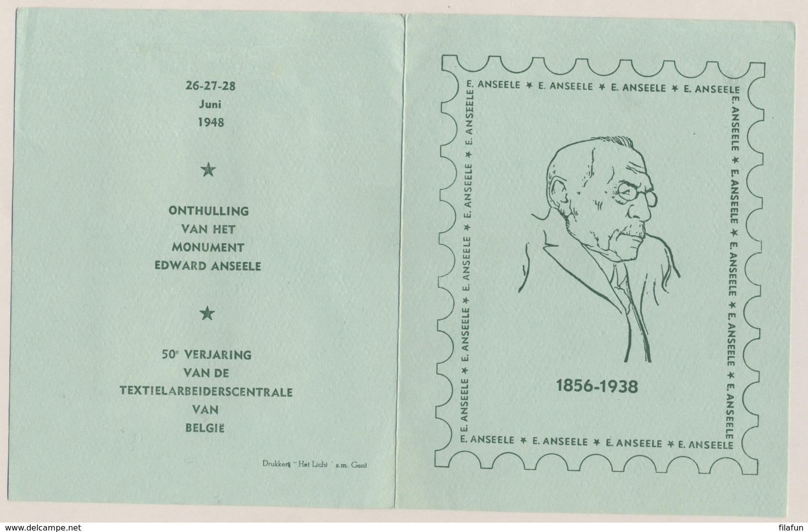 België - 1948 - 4 Zegels Edouard Anseele In Herdenkingsblad - Lettres & Documents