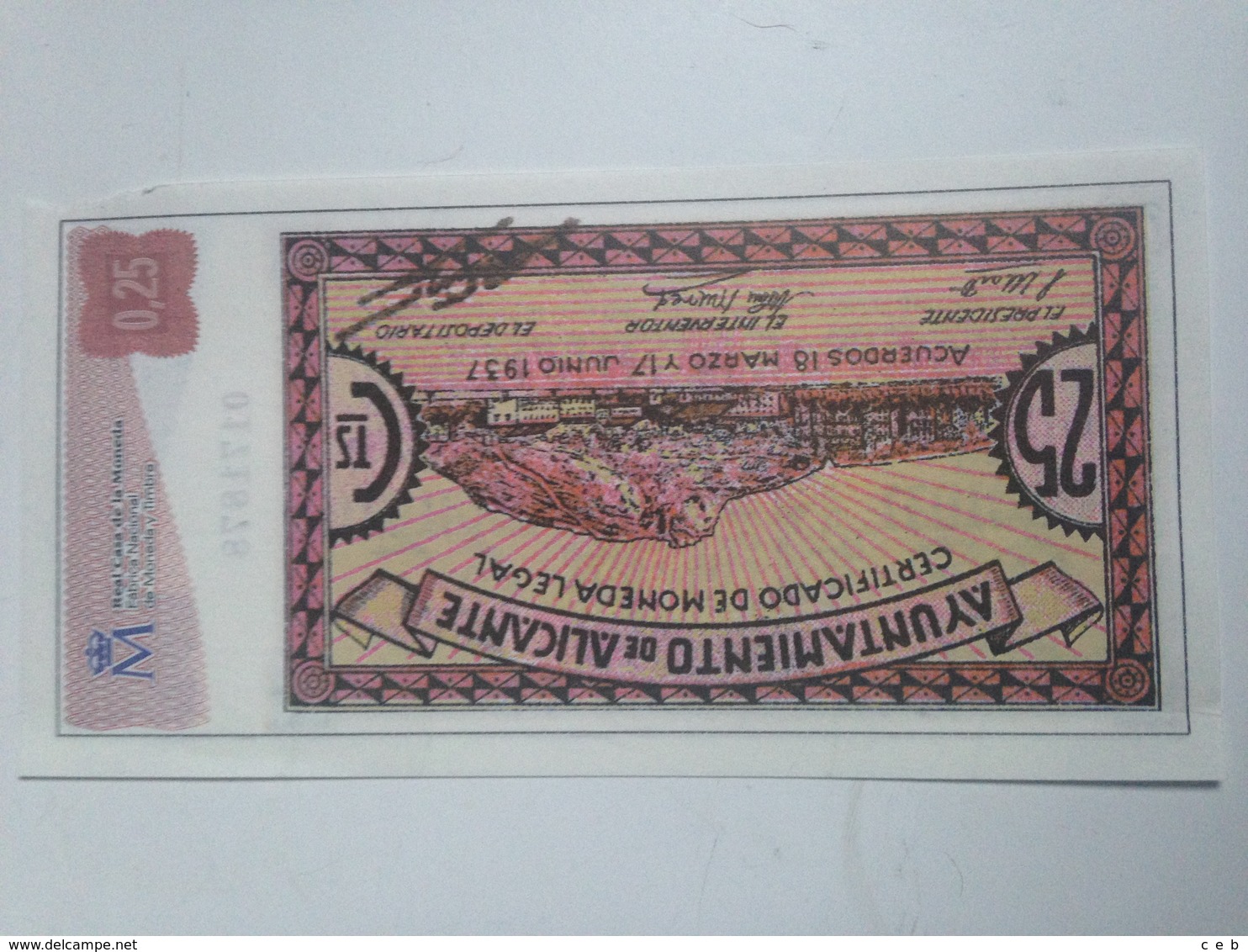 Billete 25 Céntimos. 1937. Alicante. España. Facsimil. Guerra Civil. República. Sin Circular - Otros & Sin Clasificación