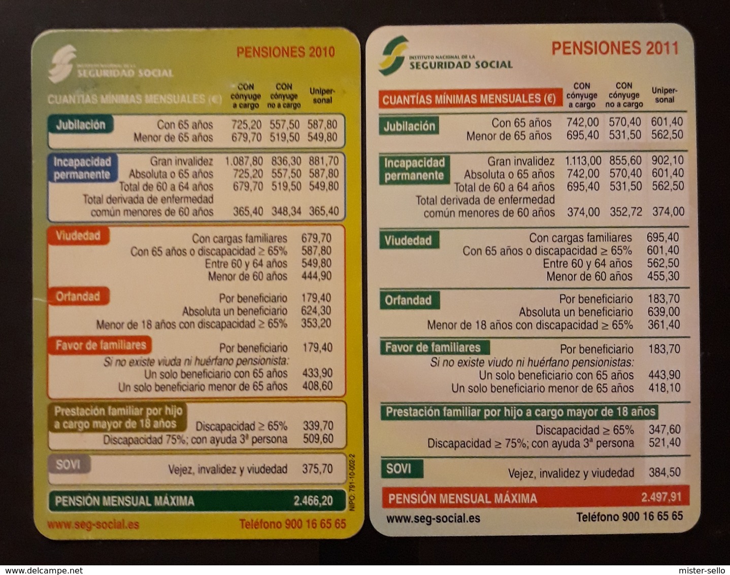 2010 - 2011. 2 CALENDARIOS SEGURIDAD SOCIAL - PENSIONES. - Tamaño Pequeño : 2001-...