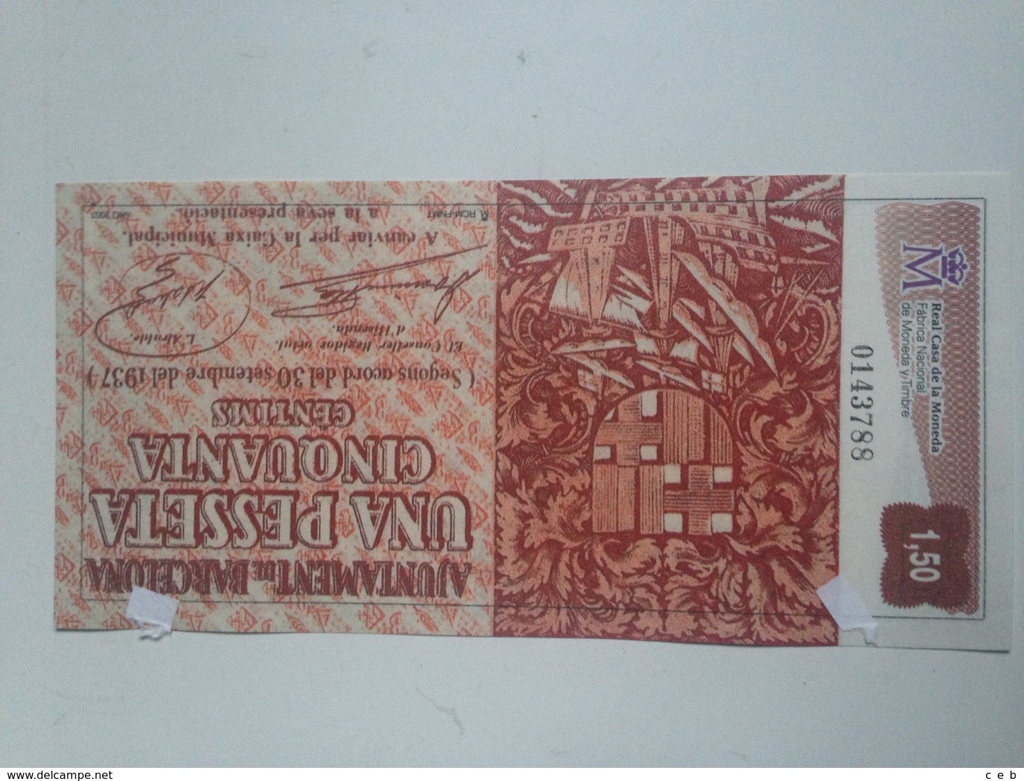 Billete 1 Peseta 50 Céntimos. 1937. Barcelona, Cataluña. España. República. Facsimil. Guerra Civil. Sin Serie. Sin Circu - Otros & Sin Clasificación