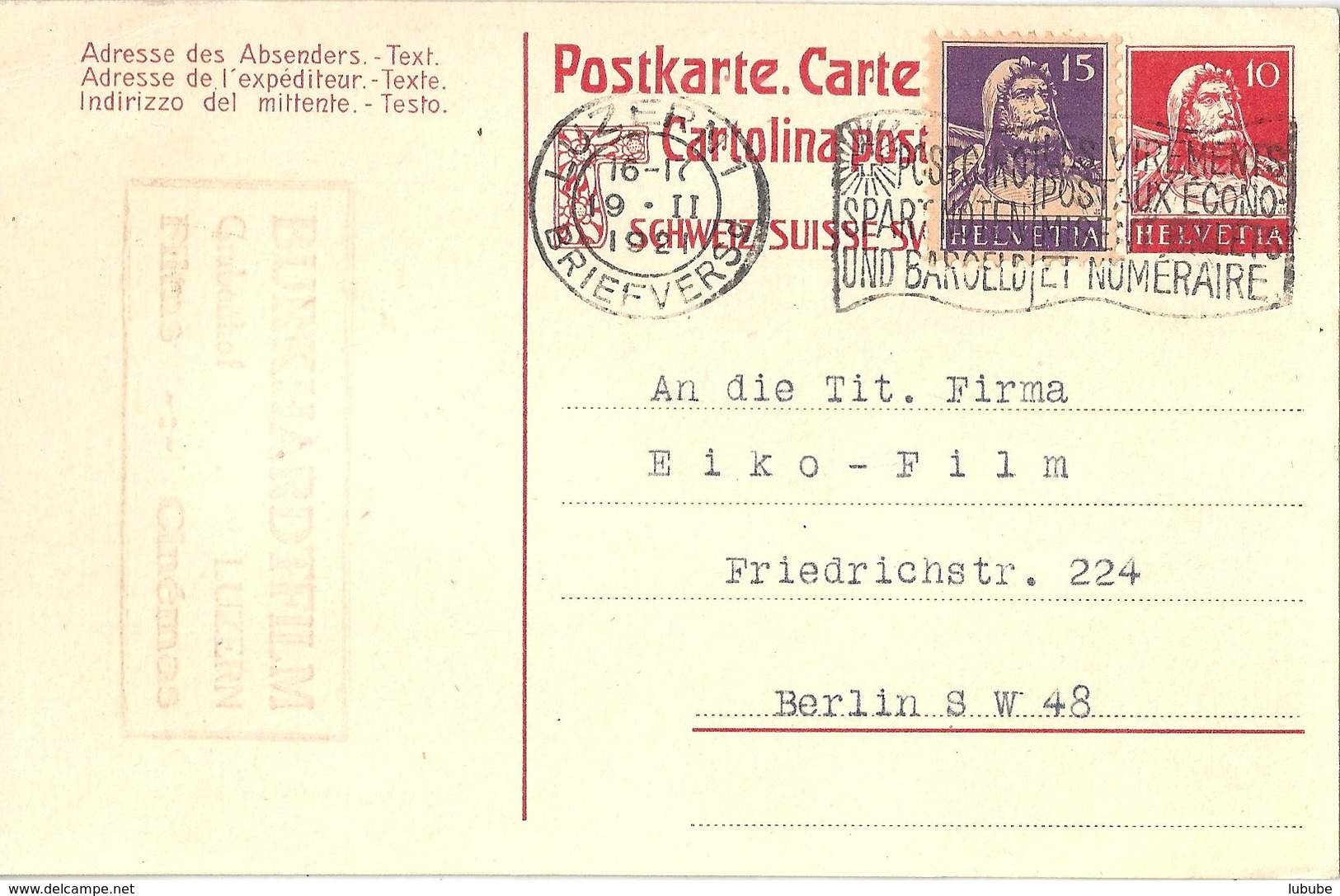 PK 62  "Burkhardt Film, Luzern" - Berlin           1921 - Stamped Stationery