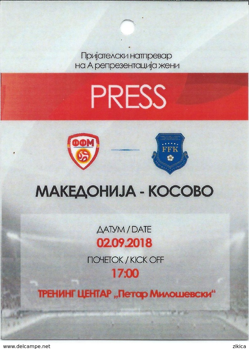 Plastic Match Tickets( PRESS ) - Football Mach Macedonia Vs Kosovo Woman's 2018 - Biglietti D'ingresso