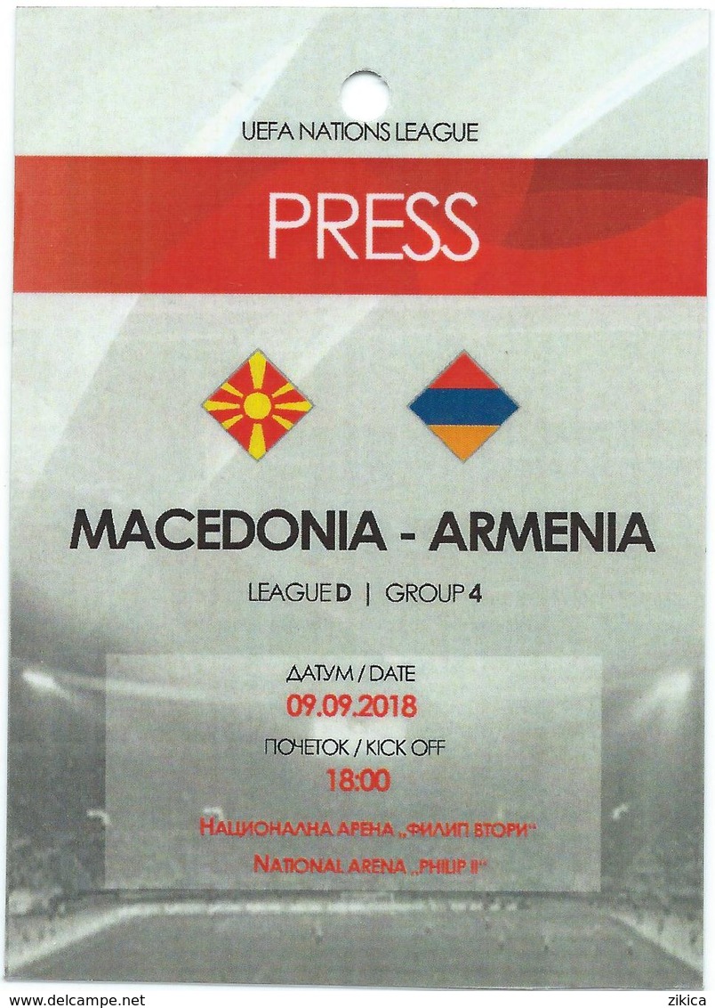 Plastic Match Tickets( PRESS ) - Football Mach Macedonia Vs Armenia 2018 - Biglietti D'ingresso