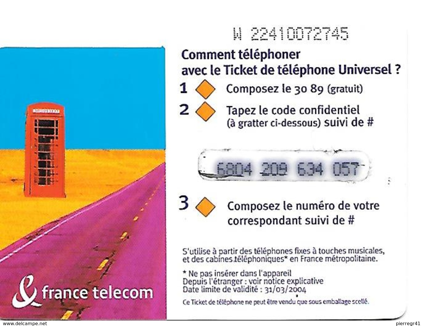 TICKET TELEPHONE-FRANCE- PU71-/ROUTE- Code 4/3/3/3/--31/03/2004-Gratté-TBE - Tickets FT