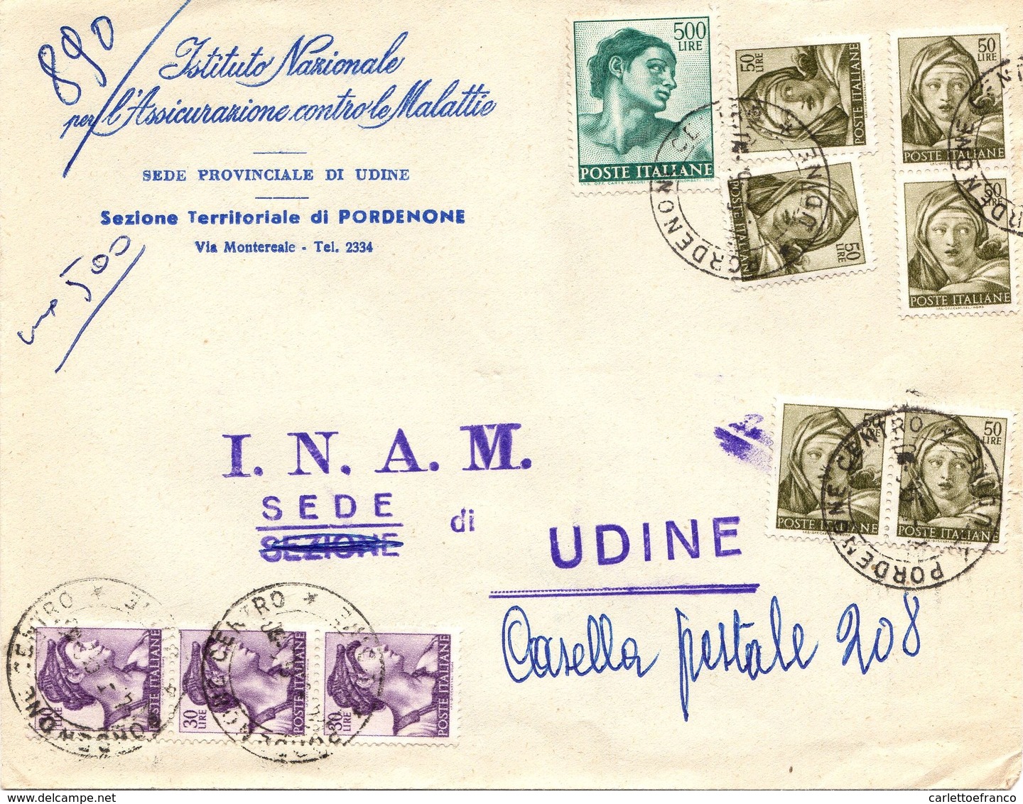 Busta  Affrancatura  Michelangiolesca Multipla ( 214 ) - 1946-60: Storia Postale