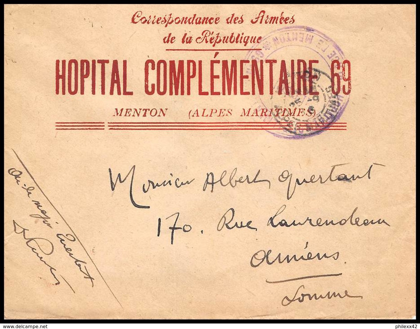 4090 Lettre France Guerre War 1914/1918 Santé Hopital Complémentaire N°69 Menton 1916 - 1. Weltkrieg 1914-1918