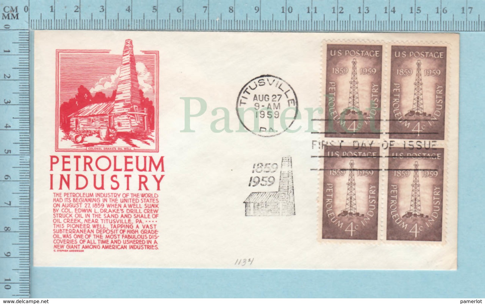 Titusville USA - FDC 1959, Flame Cachet: Petroleum Industry, Block Of 4 Stamp - 1951-1960