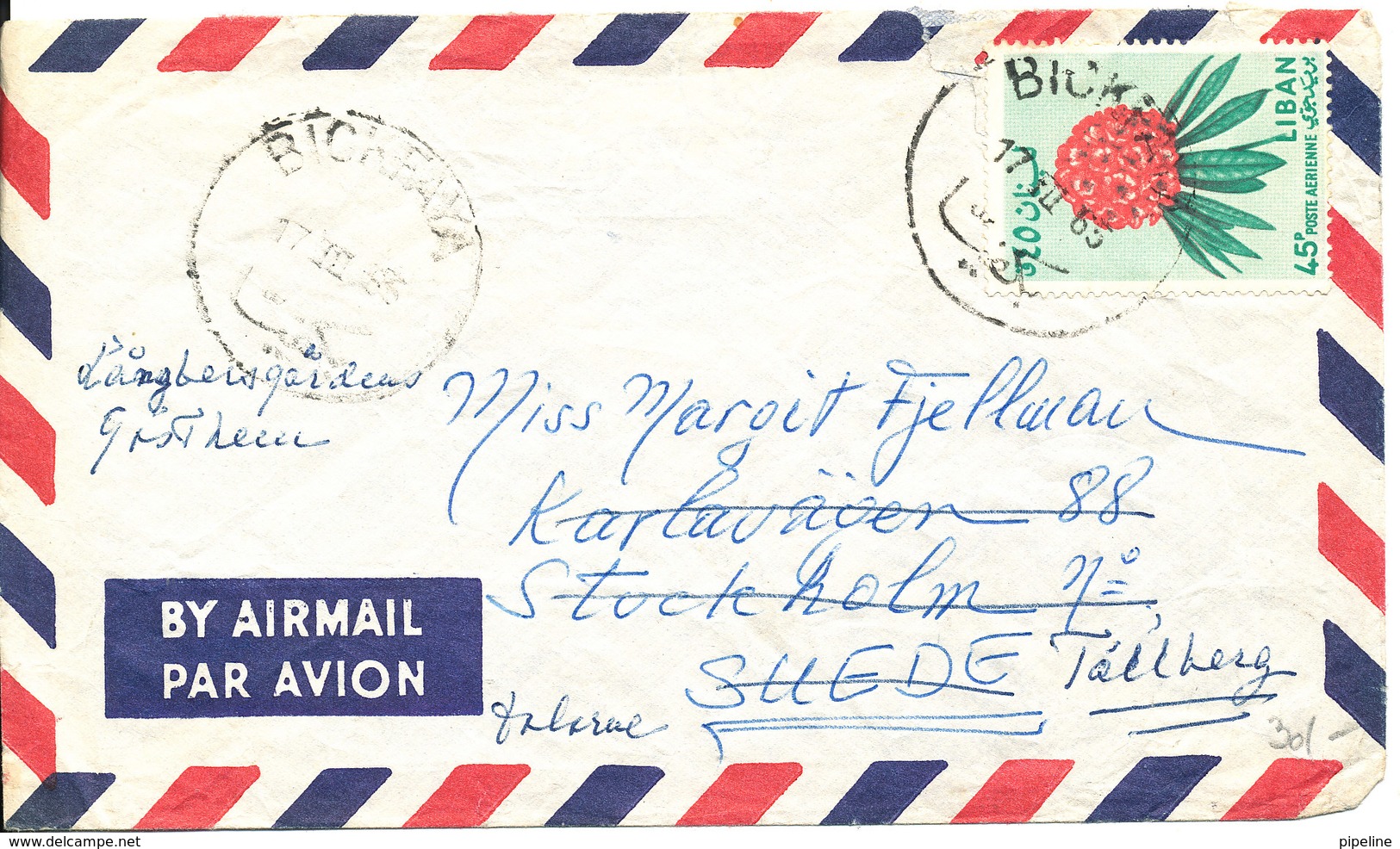 Lebanon Air Mail Cover Sent To Sweden 17-7-1965 Single Franked - Lebanon
