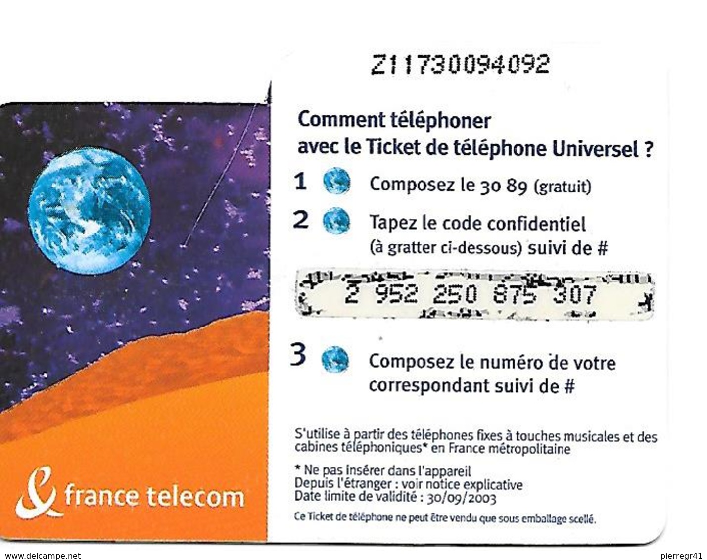 TICKET TELEPHONE-FRANCE- PU47C-La GRENOUILLE-- Code1 /3/3/3/3---31/09/2003-TBE- - FT Tickets