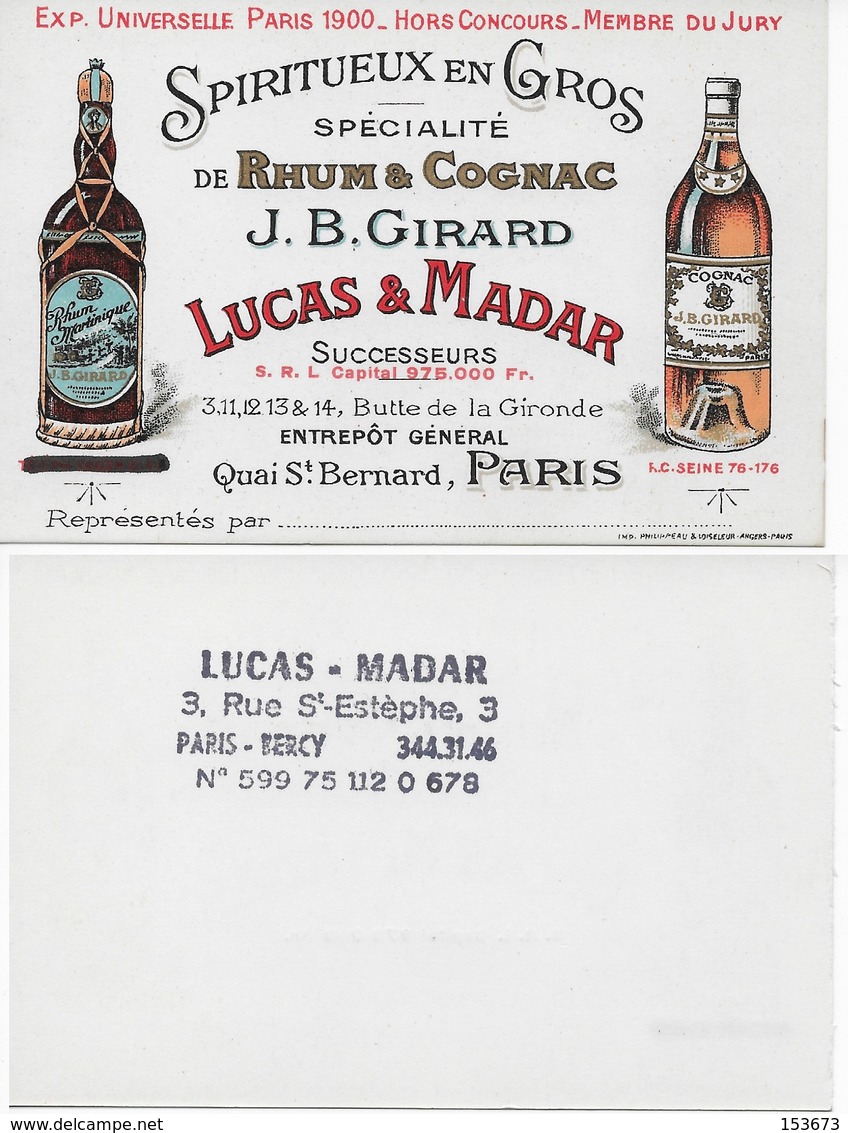Carte De Visite Illustrée SPIRITUEUX RHUM COGNACQ - LUCAS Et MADAR - à PARIS (JB GIRARD) - Visiting Cards