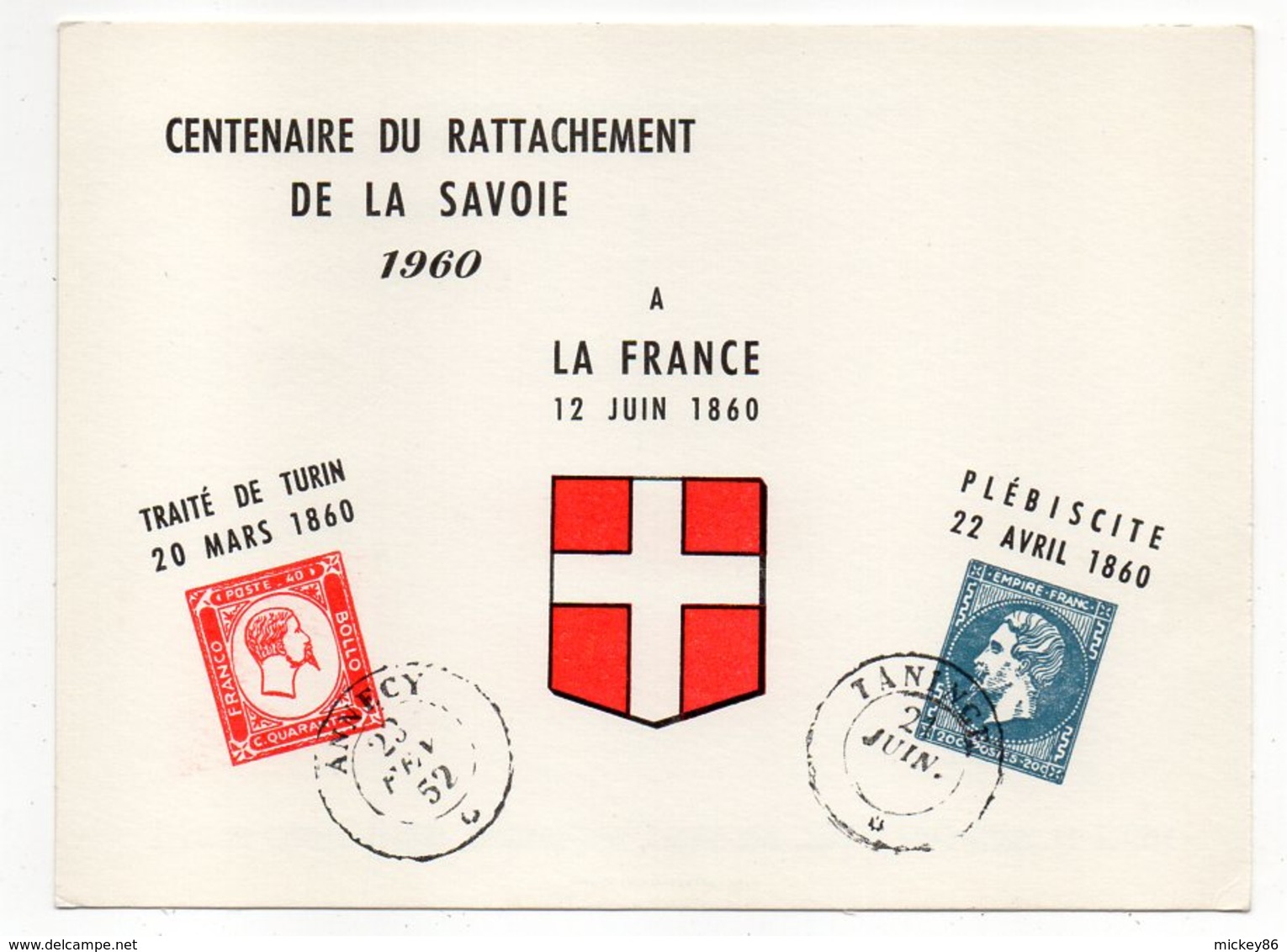 1960- Carte Souvenir "Centenaire Du Rattachement De La Savoie " (blason)  éd Amicale Philatélique D'Annecy-74 - Autres & Non Classés