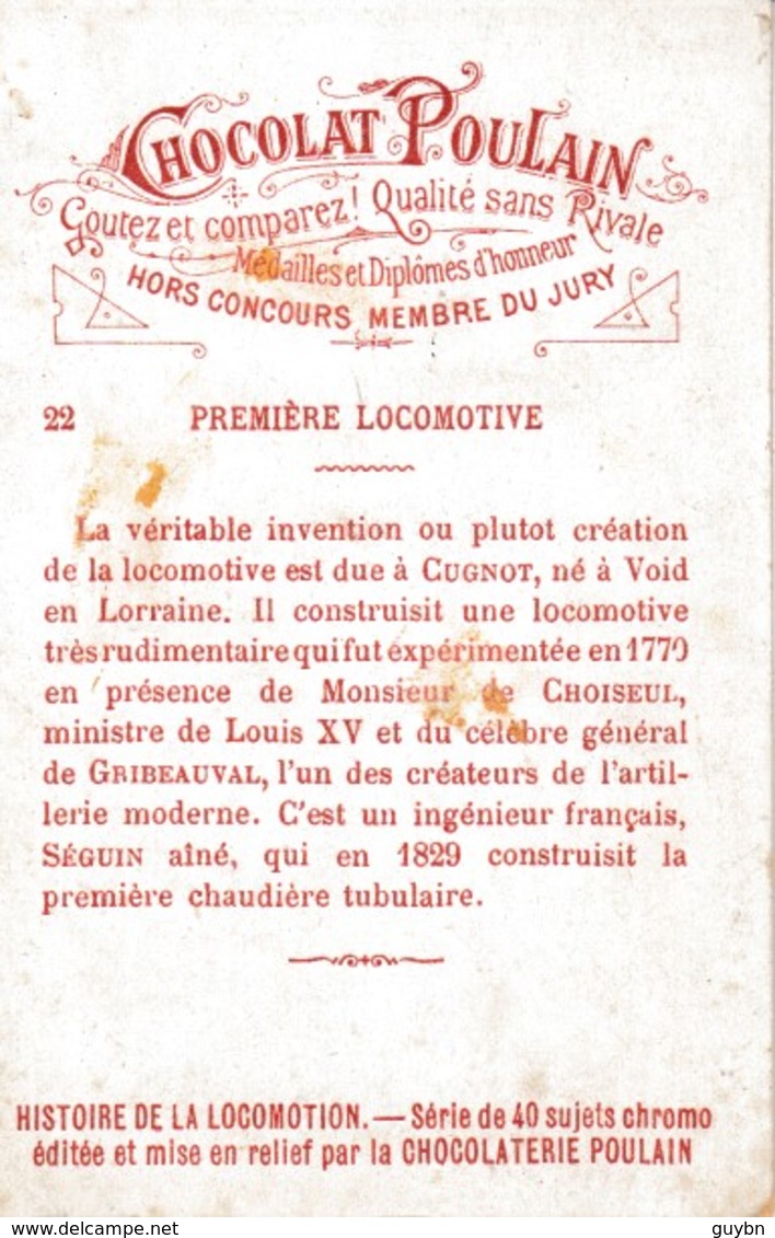 Chromo Poulain Chocolat  22 .. Première Locomotive .. Train Charbon Vapeur - Poulain