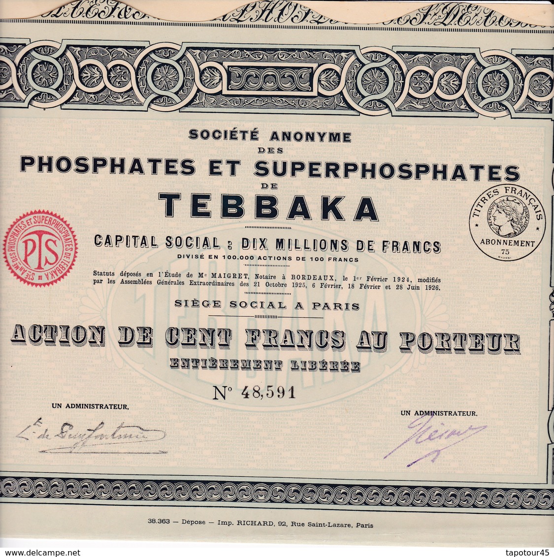 T 1	PHOSPHATES : TEBBAKA - Action De 100 Frs		1926  (15) - Autres & Non Classés