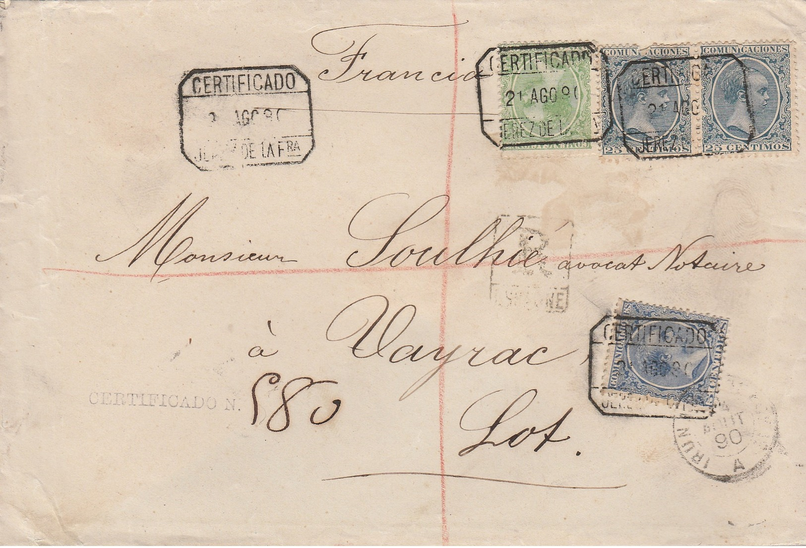 LSC 1890 - Enveloppe D'Espagne Pour Vayrac (Lot) - Cachet Convoyeur IRUN à ... Au Dos PERIGUEUX à GANNAT - Correo Ferroviario