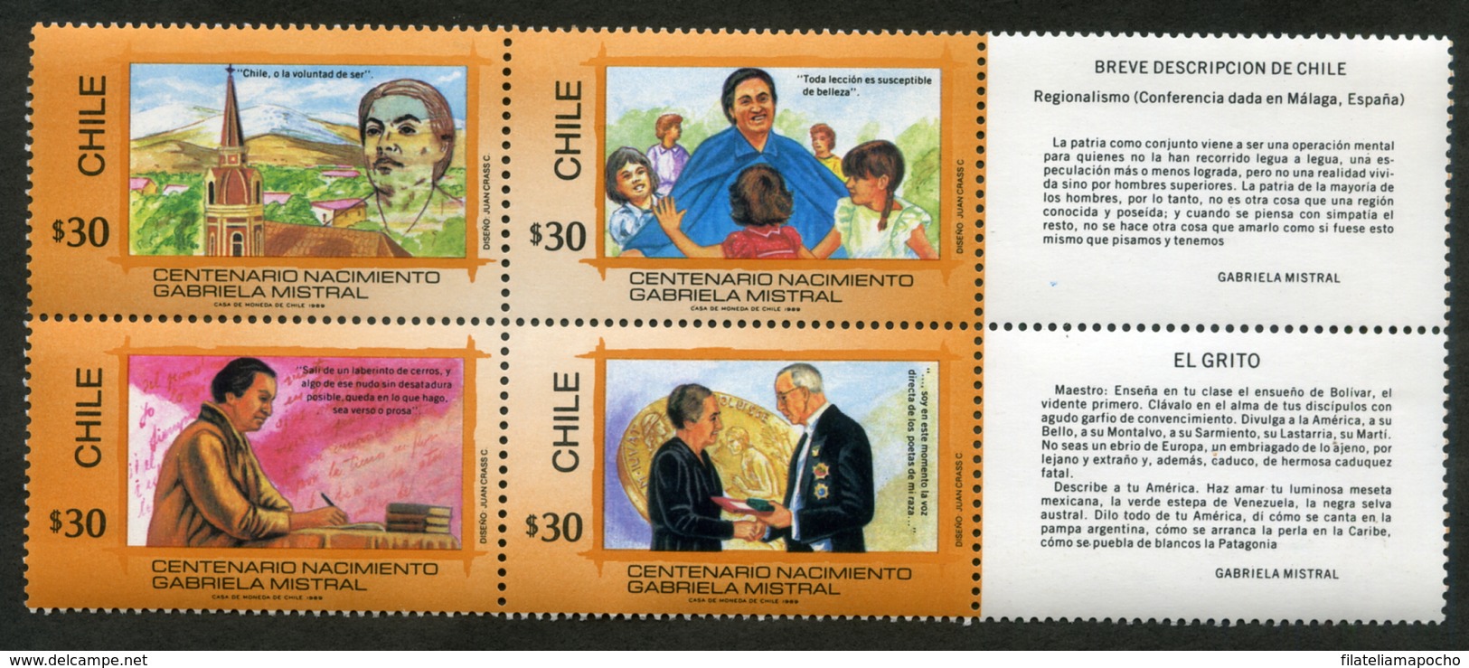 CHILE ESTAMPILLAS 1989; "CENTENARIO NACIMIENTO DE GABRIELA MISTRAL”. - Chile