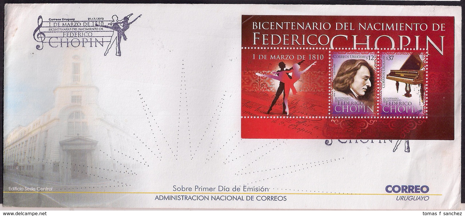 Uruguay - FDC - 2010 - Bicentenaire De La Naissance De Federico Chopin - Musique - Piano - Ballet - Musica